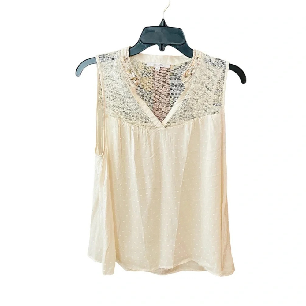 Miss Me women’s sleeveless lacy dot blouse beaded neckline SZ S ivory